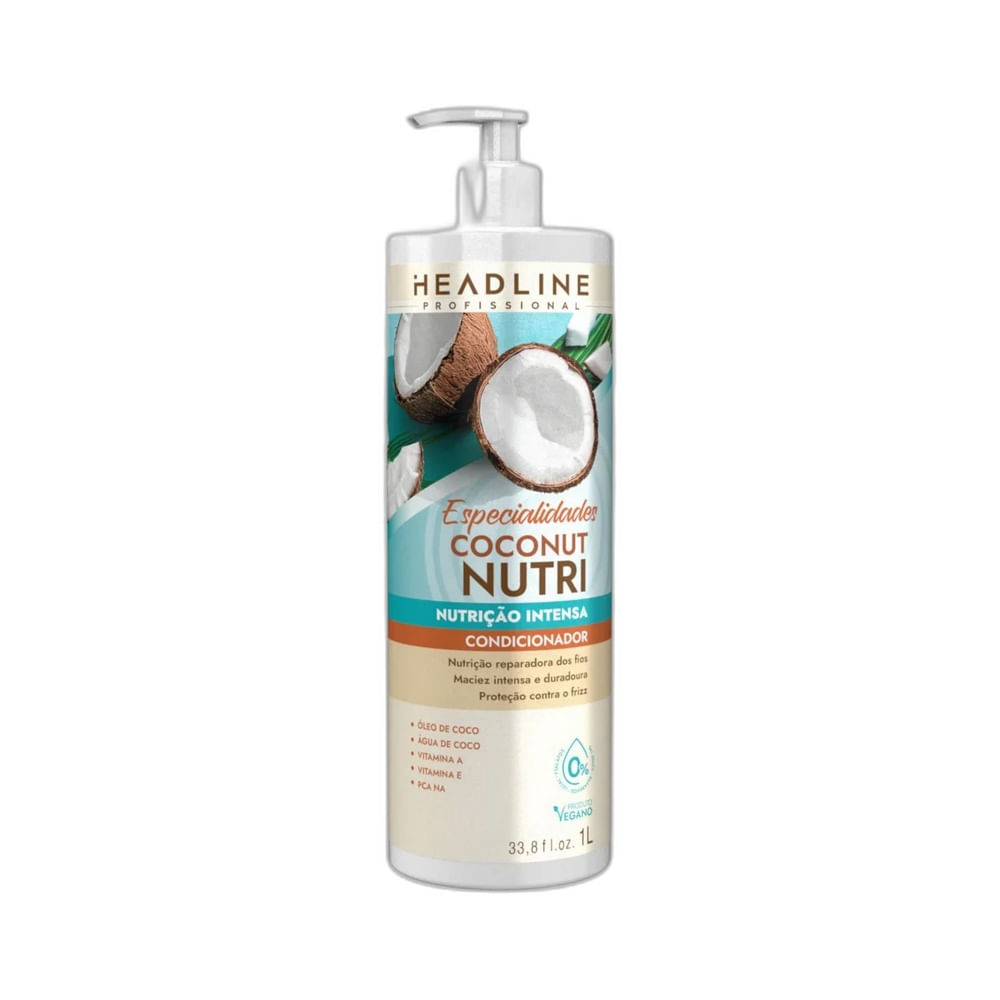 Condicionador Headline Especialidades Coconut Nutri 1L em embalagem branca com tampa pump e rótulo com coco aberto